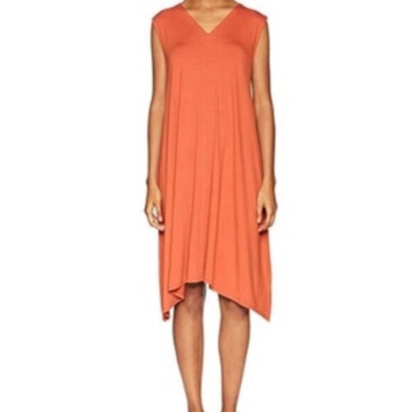 EILEEN FISHER SZ XS ORANGE RUST V NECK CUTOUT JERSEY SLEEVELESS DRESS - Picture 1 of 9